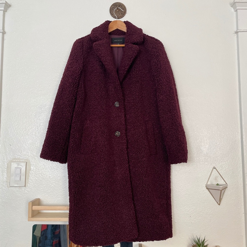 Ann Taylor Burgundy Teddy Coat Long Faux Shearling Sherpa Jacket Plum Wine S